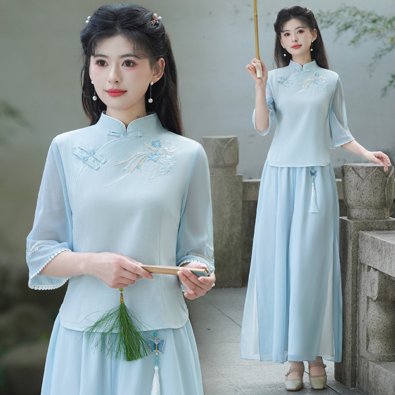 新中式国风春夏棉麻半袖绣花立领修身复古茶服雪纺裙工作套装