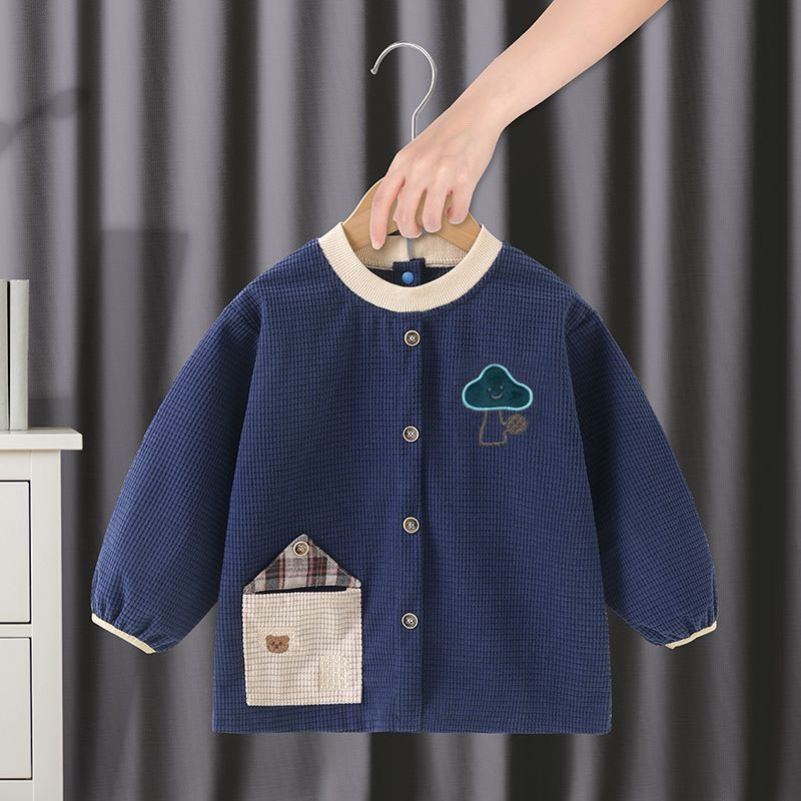 宝宝罩衣秋冬新款男童围裙长袖防水防脏护衣婴儿吃饭围兜衣反穿衣