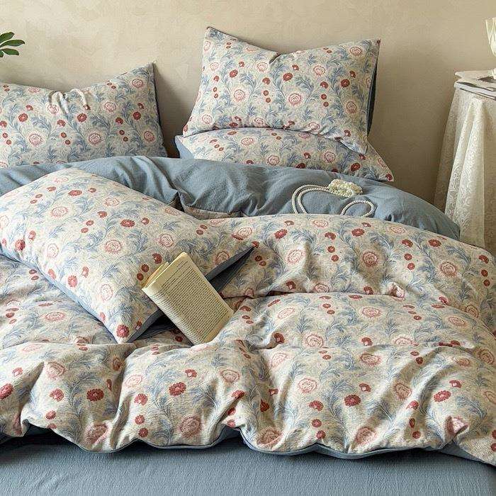 床品四件a类亚母婴级麻印亚麻提花套花宿舍三件床上用套品床笠床