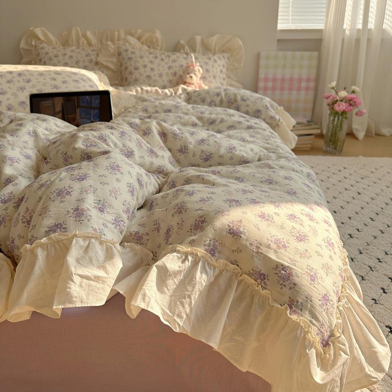 类母级边全棉双层纱四件套荷叶小清新纯棉2号lxht纱A布婴被套床单