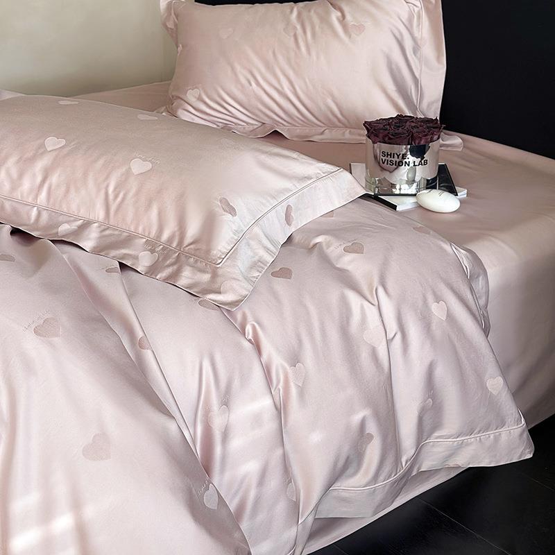 甜蜜L2爱心00S女高支密全棉四件套少心甜美粉色大红色高提花纯1棉