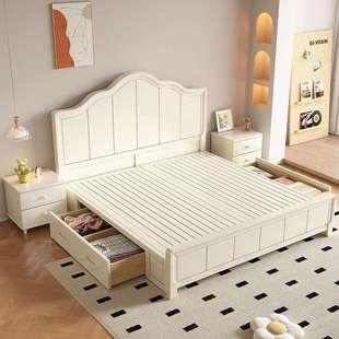 油风全实木床白小色现GD 简约1.8米双人主代卧大床1.奶5米户 818