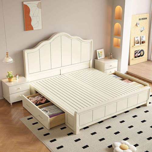 油风全实木床白小色现GD-818#简约1.8米双人主代卧大床1.奶5米户