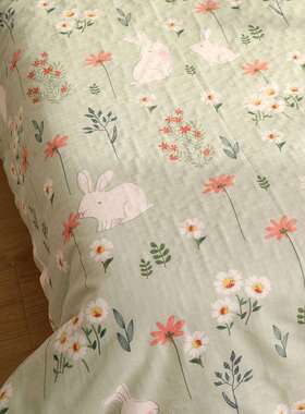 ?雏小白兔童F766SJHS绿色双菊层纯棉被套单件全棉纱被罩儿双人200