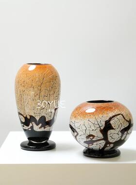 中古风小黑色底座色裂纹S252小口琉璃瓶简约样板花间现代客棕厅摆
