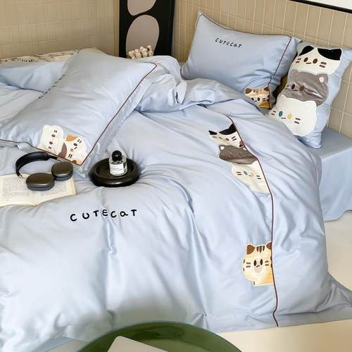 可爱猫卡通小咪长绒棉YX刺绣四件纯棉套棉床单被套床全上用品