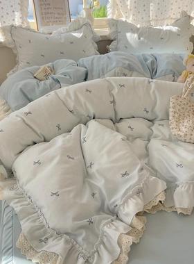 A双层水洗棉花边床裙被子45048三床笠床四件套品单被套床上用件套