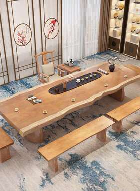新式实木大台茶茶室禅意茶会客大板泡茶桌办中NIW公室接待桌椅组