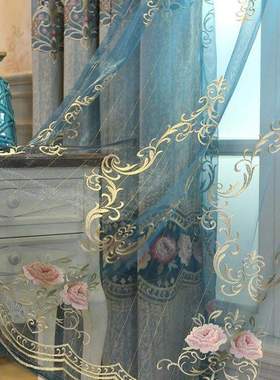 美式窗帘欧式客厅装饰窗纱帘布帘风格绣花镂空蓝色窗纱成品布