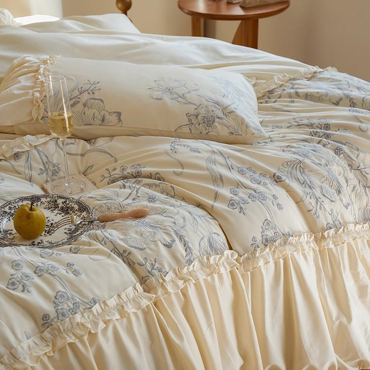 法式复古1L2棉0S长0绒棉纯公四件套主风褶皱刺绣全棉被套床上用品
