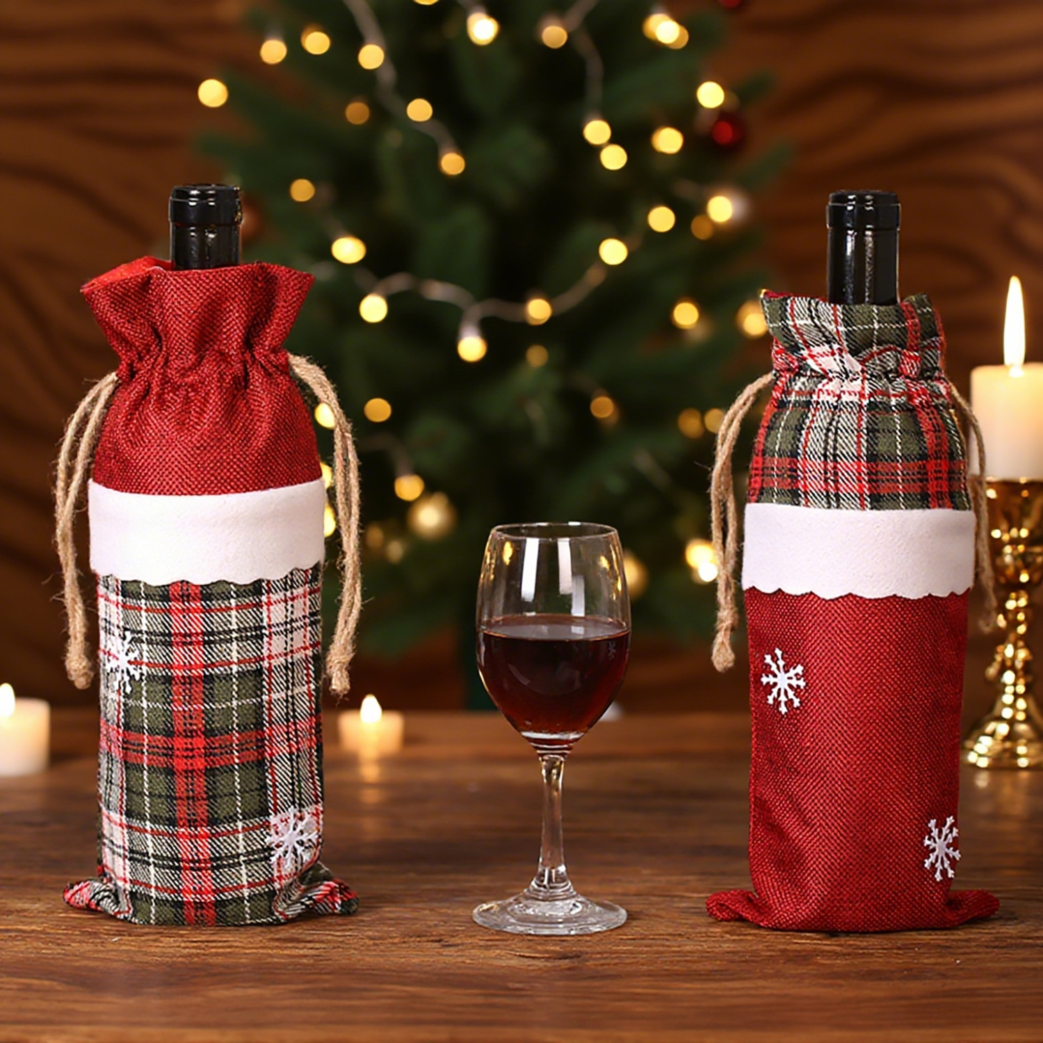 新款圣诞装饰品格子酒瓶袋节日礼品餐桌装扮用品麻布雪花红酒套