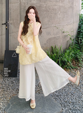实拍新中式黄色蕾丝刺绣无袖上衣吊带休闲薄阔腿裤三件套女夏新款