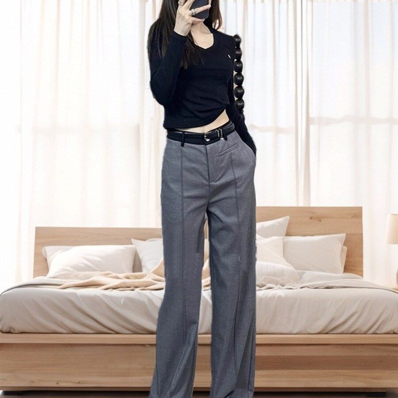 西装裤女春夏款2024新款垂感直筒西裤小个子休闲黑色窄版阔腿裤