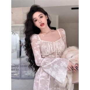 长袖连衣裙女2024早秋法式气质收腰显瘦针织裙蕾丝鱼骨长裙