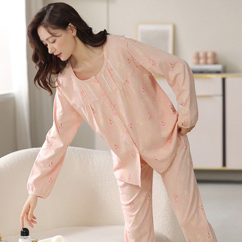 春秋无领睡衣女长袖纯棉开衫红色女款圆领中年妈妈全棉格子家居服