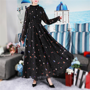 2021年新款高领碎花雪纺连衣裙春夏长裙女大码长袖夏季长款花裙子