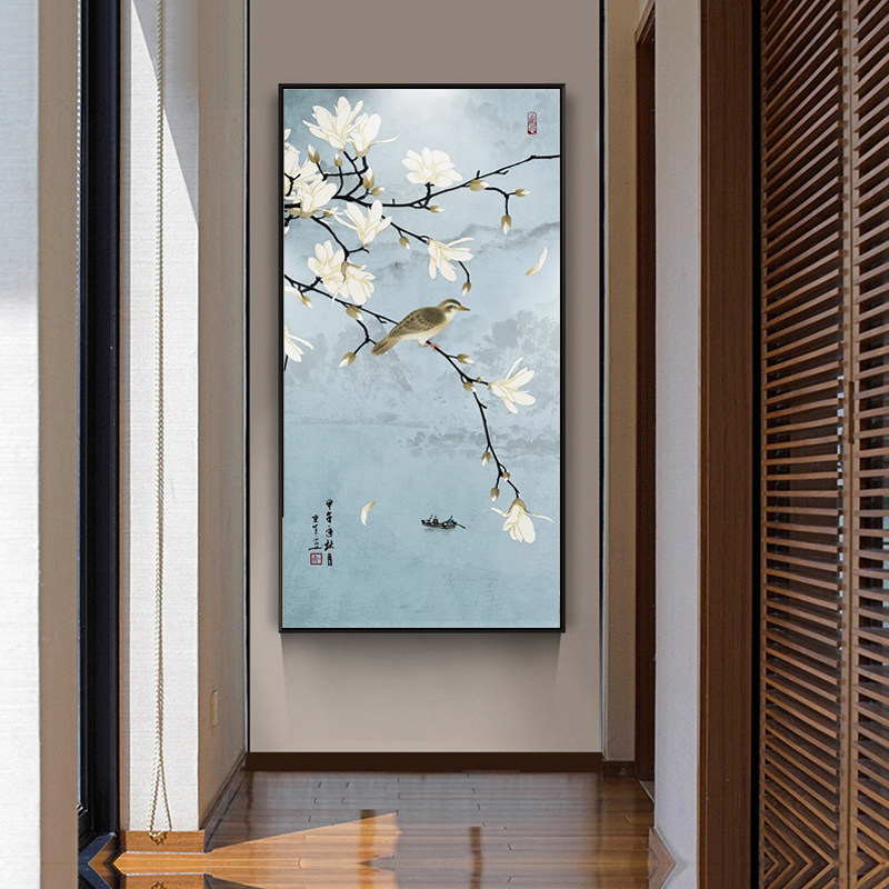 新中式玄关装饰画竖版花鸟工笔挂画中国风壁画客厅走廊楼梯有框画