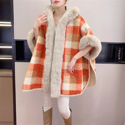 小个子穿搭秋冬加绒加厚连帽百搭网红披肩斗篷女毛呢外套宽松外搭