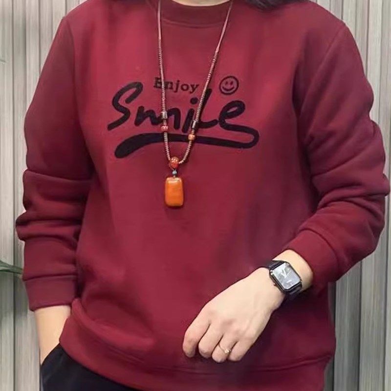 中年妈妈加绒加厚套头卫衣女秋冬季新款圆领长袖保暖休闲上衣宽松