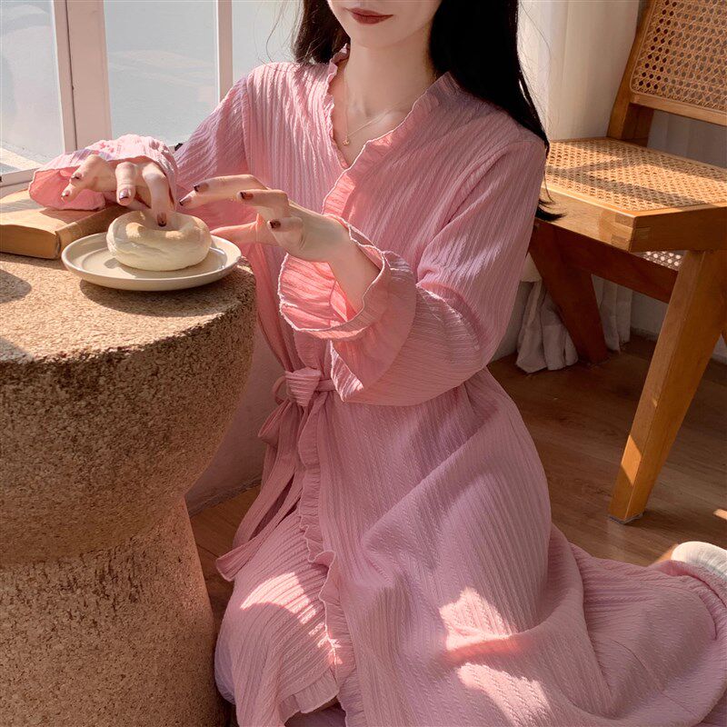 睡袍女秋冬季纯棉甜美系带浴衣浴袍长版春夏天薄款晨袍家居服睡衣