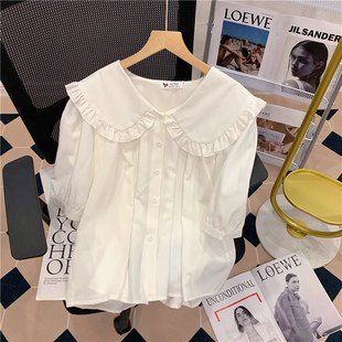 百搭宽松上衣女 2025夏季 新款 甜美娃娃领白色衬衫 小众别致花边短袖