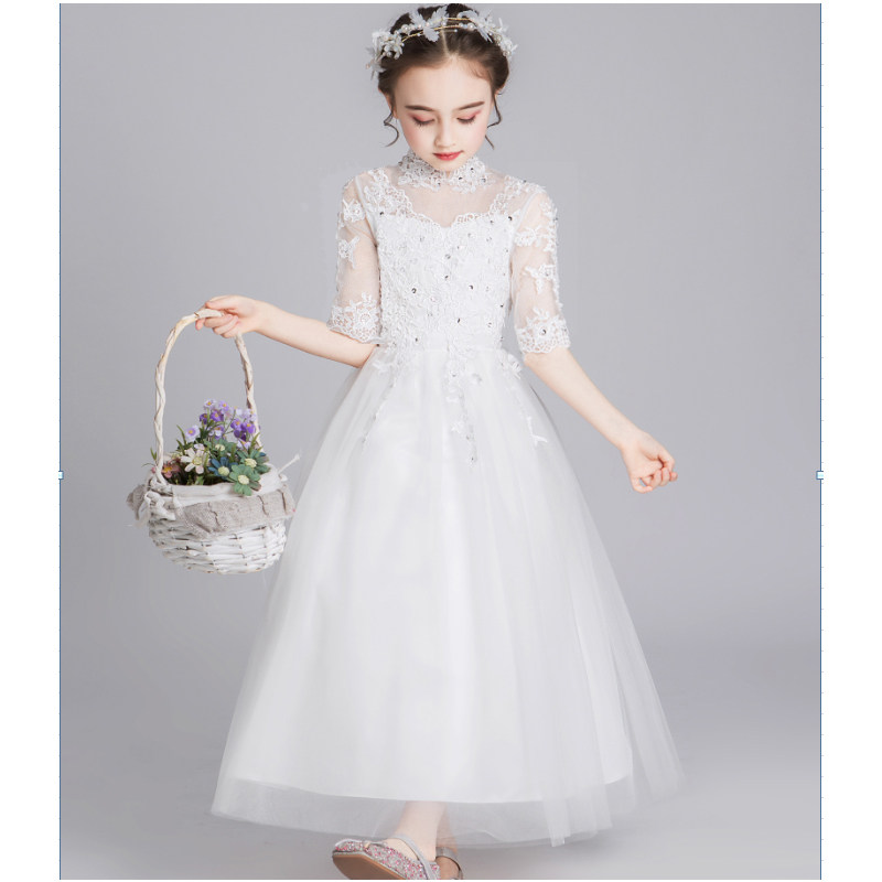 主持人礼服女夏季女童气质白纱裙儿童公主裙长款蓬蓬纱钢琴表演服