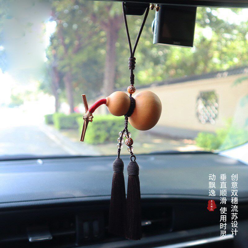 天然葫芦汽车挂件高档双流苏后照镜挂饰覆古手工编织挂绳可调节