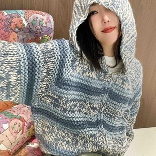 超重工 宽松加厚拉链针织 慵懒风花色粗线连帽毛衣开衫 女秋冬新款