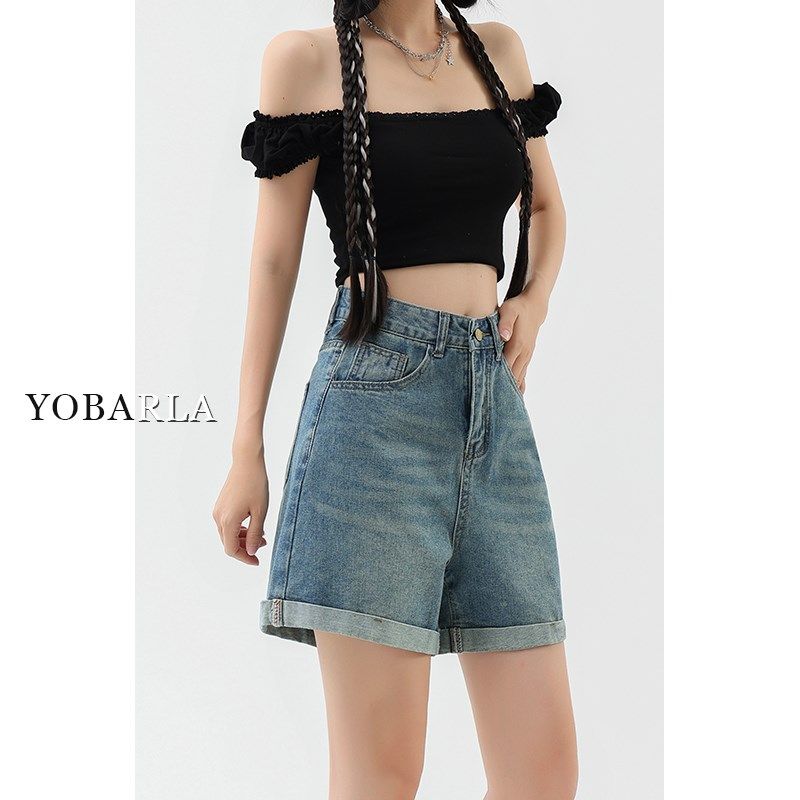 浅蓝色卷边牛仔短裤女春季高腰大码胖mm梨形身材宽松显瘦a字裤子,女装/女士精品,牛仔裤,淘宝优惠券,粉丝福利购,淘宝优惠卷