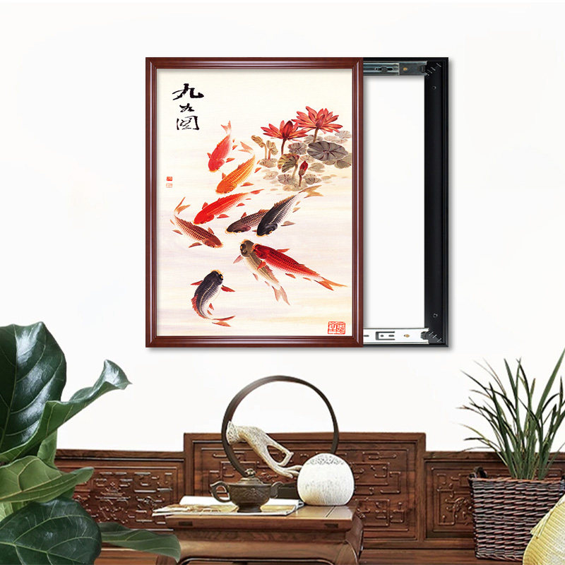 电表箱装饰画中式实木框网线盒装饰遮挡箱家用竖推拉免打孔可遮挡