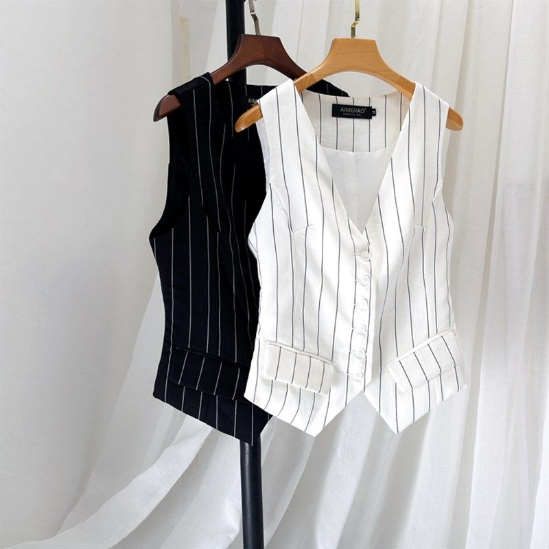 显瘦好搭配免烫西装面料条纹OL短款女士马甲背心V领单排扣大码