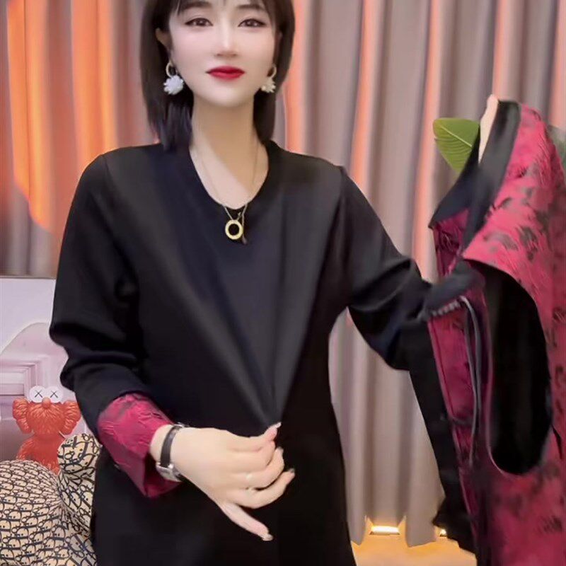 新中式国潮风时尚复古女士套装冬季宽松显瘦T恤提花缎面盘扣马甲