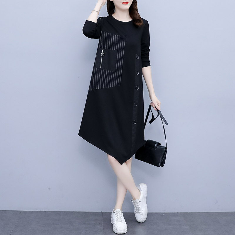 条纹拼接宽松连衣裙2023年春季新款大码女装高级感长袖中长款裙女,女装/女士精品,连衣裙,淘宝优惠券,粉丝福利购,淘宝优惠卷