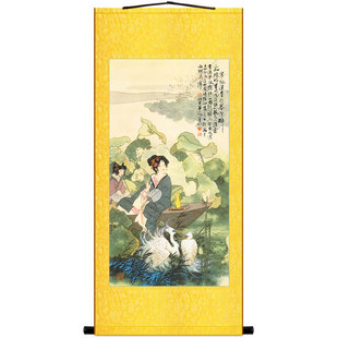 李清照词意图 古代仕女饮酒人物神像画 复古绢布卷轴挂画装饰丝绸