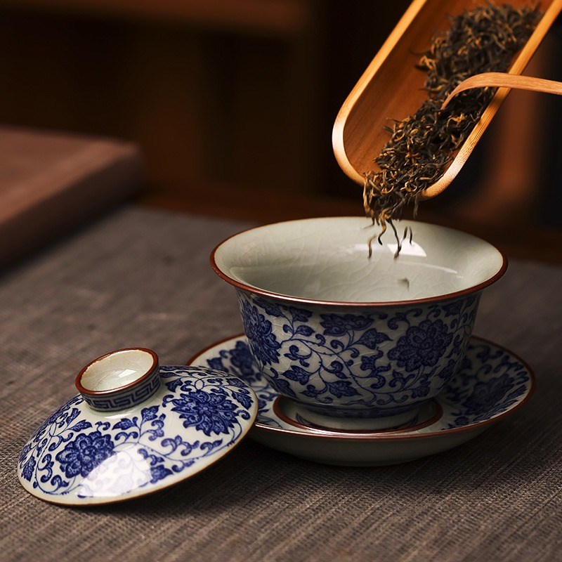 景德镇三才盖碗家用高档陶瓷功夫茶杯套装办公室青花瓷泡茶碗单个
