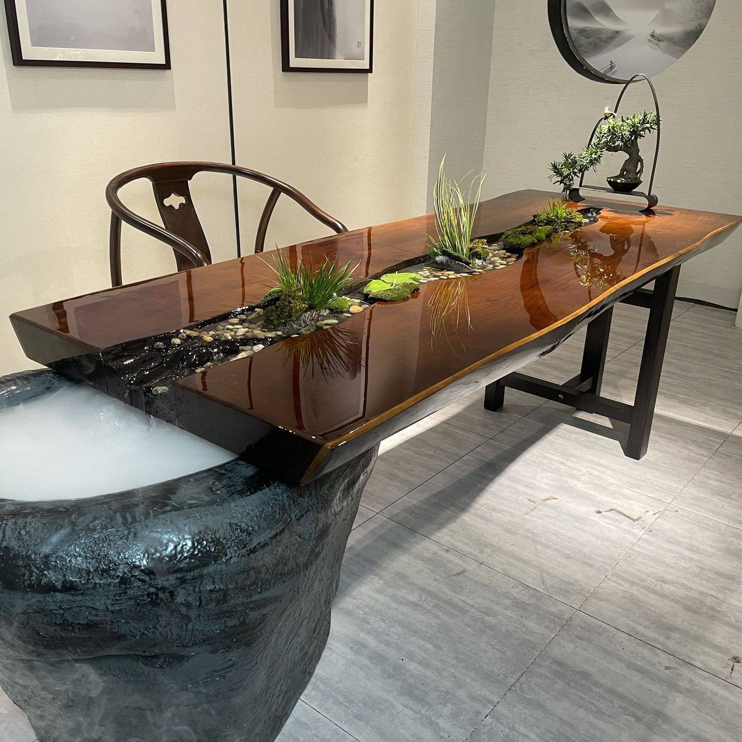 流水茶台循环水养鱼全自动松木茶桌椅组合新中式禅意全实木茶桌