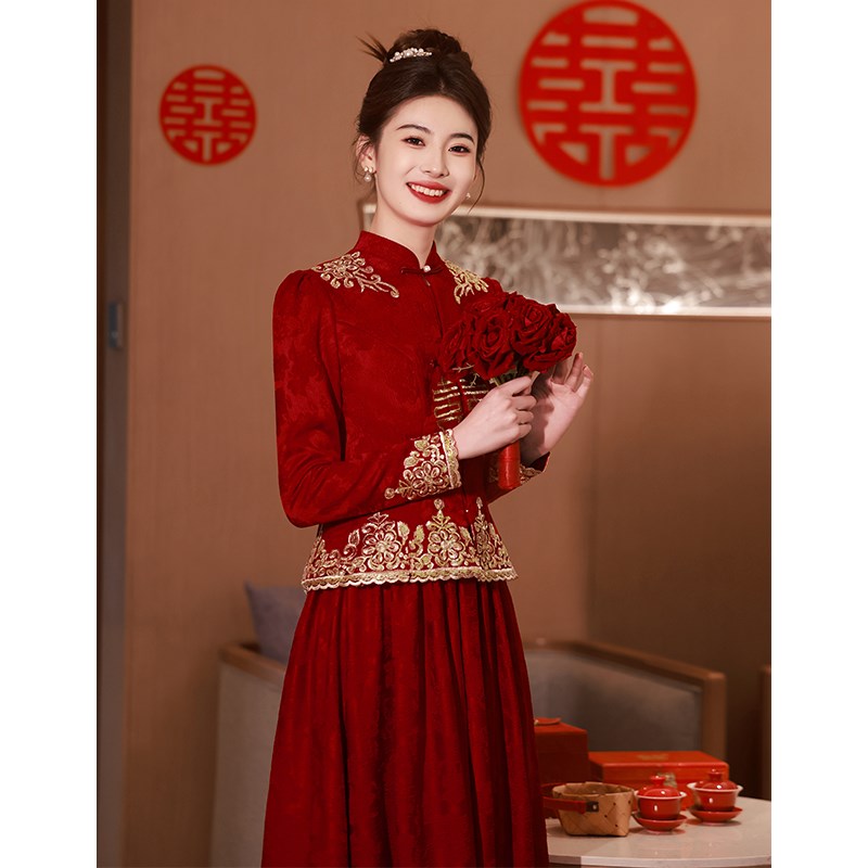 直销红色旗袍敬酒服新娘秀禾订婚礼服裙新中式结婚当天便装秋冬季