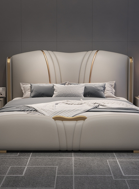 意式轻奢真皮床主卧床现代简约皮艺床软包储物床卧室高档双人婚床