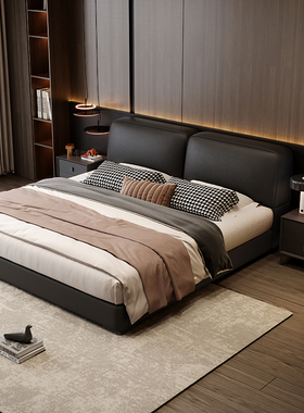意式轻奢真皮床主卧双人大床2米2米2软包床1.8米实木带储物皮艺床