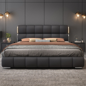 意式 真皮泡芙床主卧2米2米2双人床家用1.8米软包实木储物皮艺婚床