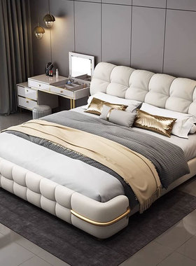 真皮床主卧2米2双人婚床意式轻奢1.8米家用实木带储物软包皮艺床