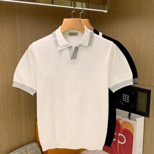 新款 针织上衣翻领t恤男短袖 夏季 修身 英伦高端休闲白色polo衫 男款