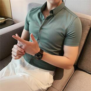 韩版 短袖 衬衫 男 商务休闲条纹寸衣潮流时尚 新款 夏季 英伦风纯色修身
