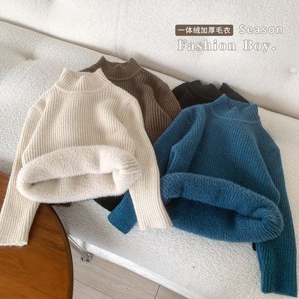 儿童半高领加绒加厚毛衣冬装202A3新款韩版修身男童一体绒保暖毛