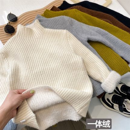 儿童加绒毛衣男童打底衫秋冬款半高领F一体绒针织中领修身瘦版黑