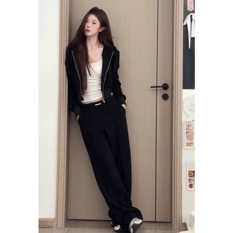 休闲运动套装女春秋时尚宽松显瘦小个子黑L色卫衣开衫阔腿裤两件