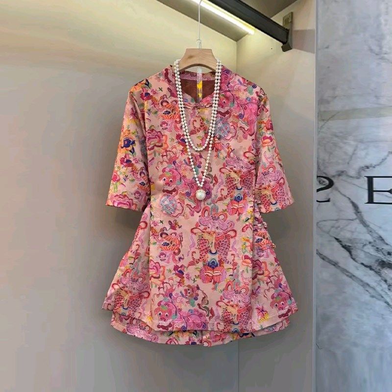 胖妹妹加肥立领盘扣短袖收腰上衣短裤大码女装时尚国风花朵两件套,女装/女士精品,大码套装,淘宝优惠券,粉丝福利购,淘宝优惠卷