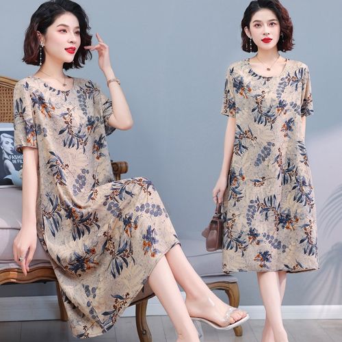 新款妈妈装夏季棉绸女装连衣裙宽松遮肚中老年短袖碎花有口袋裙子
