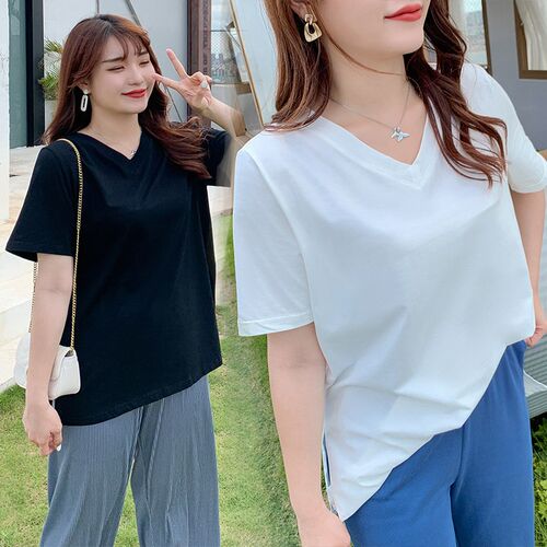 胖mm深v领上衣短袖中长款宽松侧开叉大码女装宽松显瘦夏装正肩t恤 - 封面
