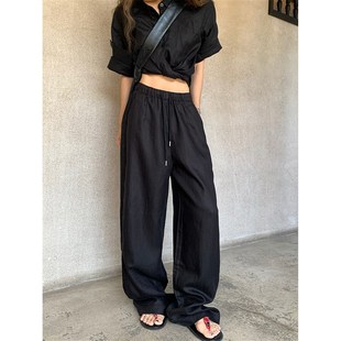 1992 女休闲 夏季 女百搭显瘦透气慵懒直筒裤 长 亚麻宽裤 留下